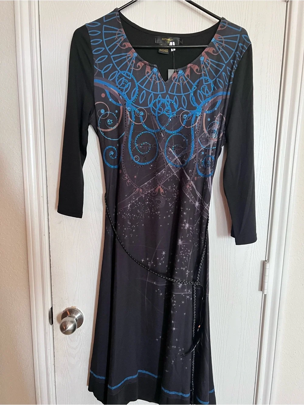 MK Black Blue Abstract Print Long Sleeve Midi Dress Artistic Boho Style